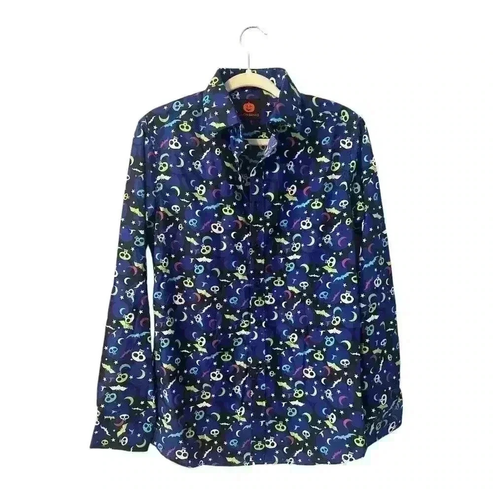 Simon Banks Mens Halloween Skulls/Bats Button Down‎ Shirt, Sm